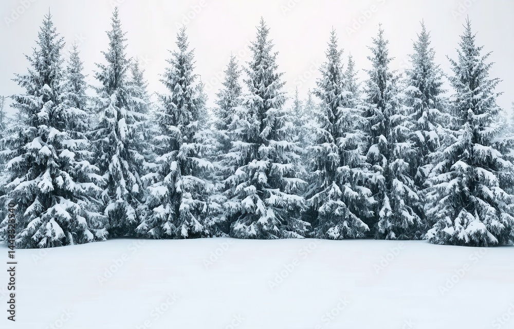 Naklejka premium Snowy Winter Forest with Evergreens Covered in Fresh Snow