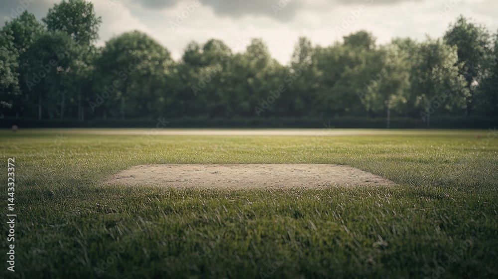 Fototapeta premium A serene view of an empty baseball field with a dirt pitcher's mound surrounded by lush greenery.