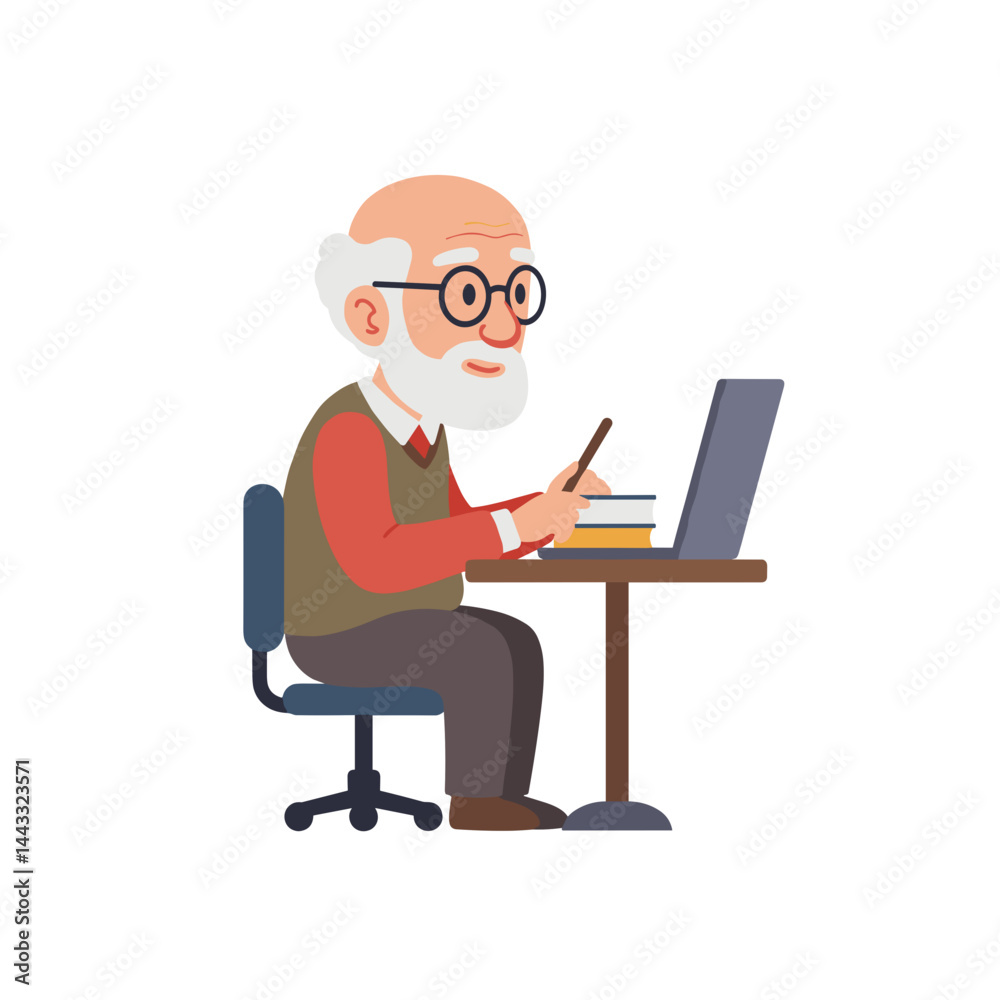 Elderly man working with laptop and books at a desk Elderly man working with laptop and books at a desk