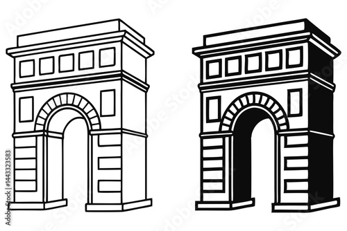 Two depictions of a grand triumphal arch are outlined against white, one filled solid