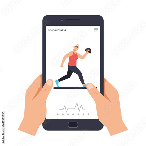 Senior woman exercising with weights on a fitness app