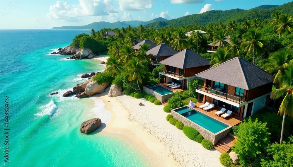 Fototapeta premium Stunning drone shot of exclusive beachfront villas surrounded by lush greenery, luxurious, holiday, sunny