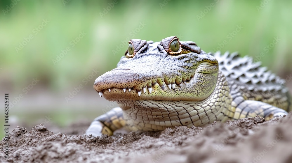 Fototapeta premium Young alligator resting on a muddy bank in a wetland habitat during daytime.