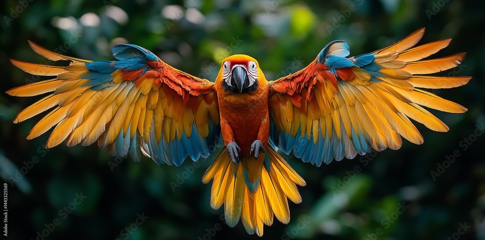 Scarlet Macaw in Flight Overlush Rainforest Wildlife Photography Tropical Close-Up Perspective