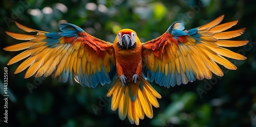 Obraz na płótnie Scarlet Macaw in Flight Overlush Rainforest Wildlife Photography Tropical Close-Up Perspective w salonie