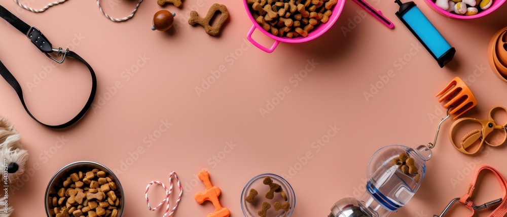 Whimsical Pet Supplies Arrangement Featuring Pink Bowls, Leash, Toys, and Treats on a Soft Background