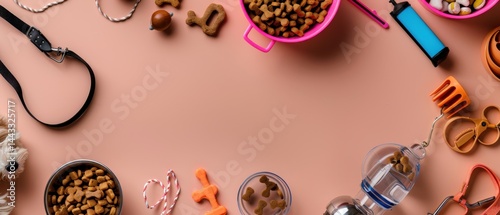 Obraz na płótnie Whimsical Pet Supplies Arrangement Featuring Pink Bowls, Leash, Toys, and Treats on a Soft Background w salonie