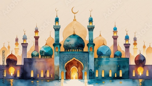 Eid al-Adha celebration invitation card, watercolor mosque landscape with glowing lanterns, handwritten style font, cream textured paper background, elegant and warm tone