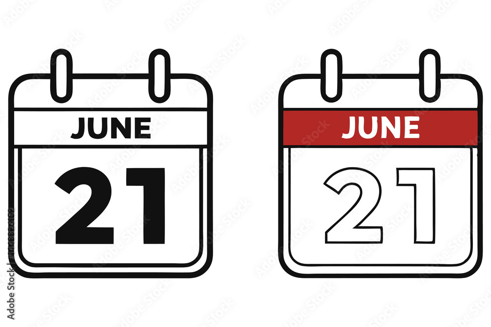 Two calendar icons show June 21st, one with red accents, both on a white background Two calendar icons show June 21st, one with red accents, both on a white background
