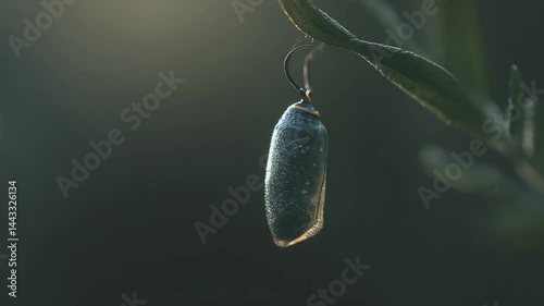 Delicate insect chrysalis on plant stem
