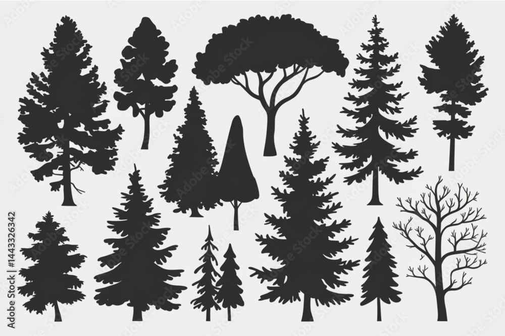 Obraz premium Tree Silhouette Collection – Black and White Vector Forest Illustration with Diverse Tree Shapes