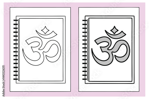 Two notebooks feature Om symbol in black outline and gray shading vector