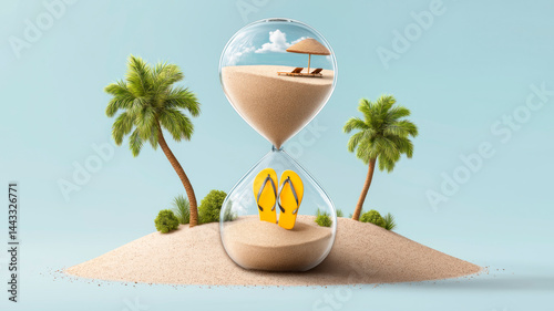 Conceptual illustration of an hourglass with a beach and flip flops on a tropical island. Symbol of vacation, time and relaxation.