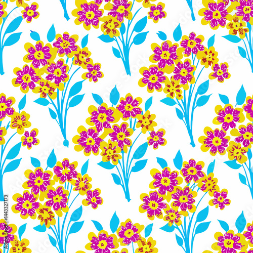 Seamless floral vector pattern design with spring flowers and leaves for textile decoration.