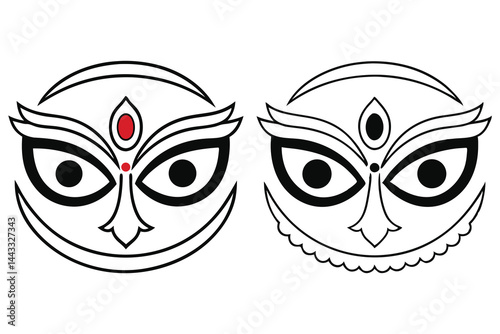 Black and white linear art depicts two Durga goddess faces on transparent background