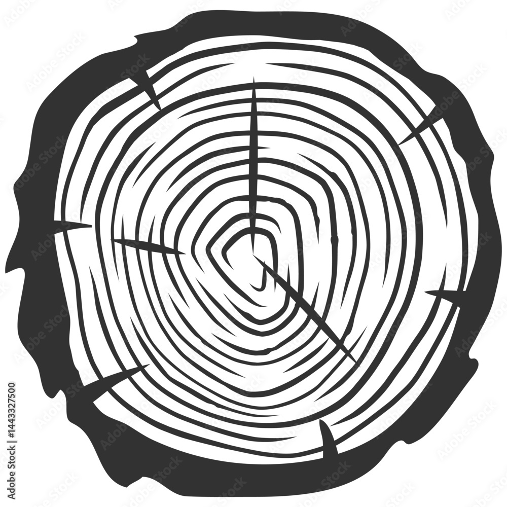 Wooden texture with tree rings. Saw cut timber, wood. Hand drawn sketch. Cross section of tree stump slice with age rings