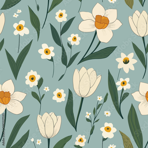 Seamless spring-themed pattern with vibrant flowers, fresh leaves, and soft pastel colors. Ideal for Easter, nature designs, and seasonal branding.