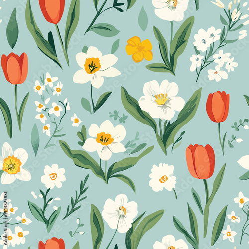 Seamless spring-themed pattern with vibrant flowers, fresh leaves, and soft pastel colors. Ideal for Easter, nature designs, and seasonal branding.