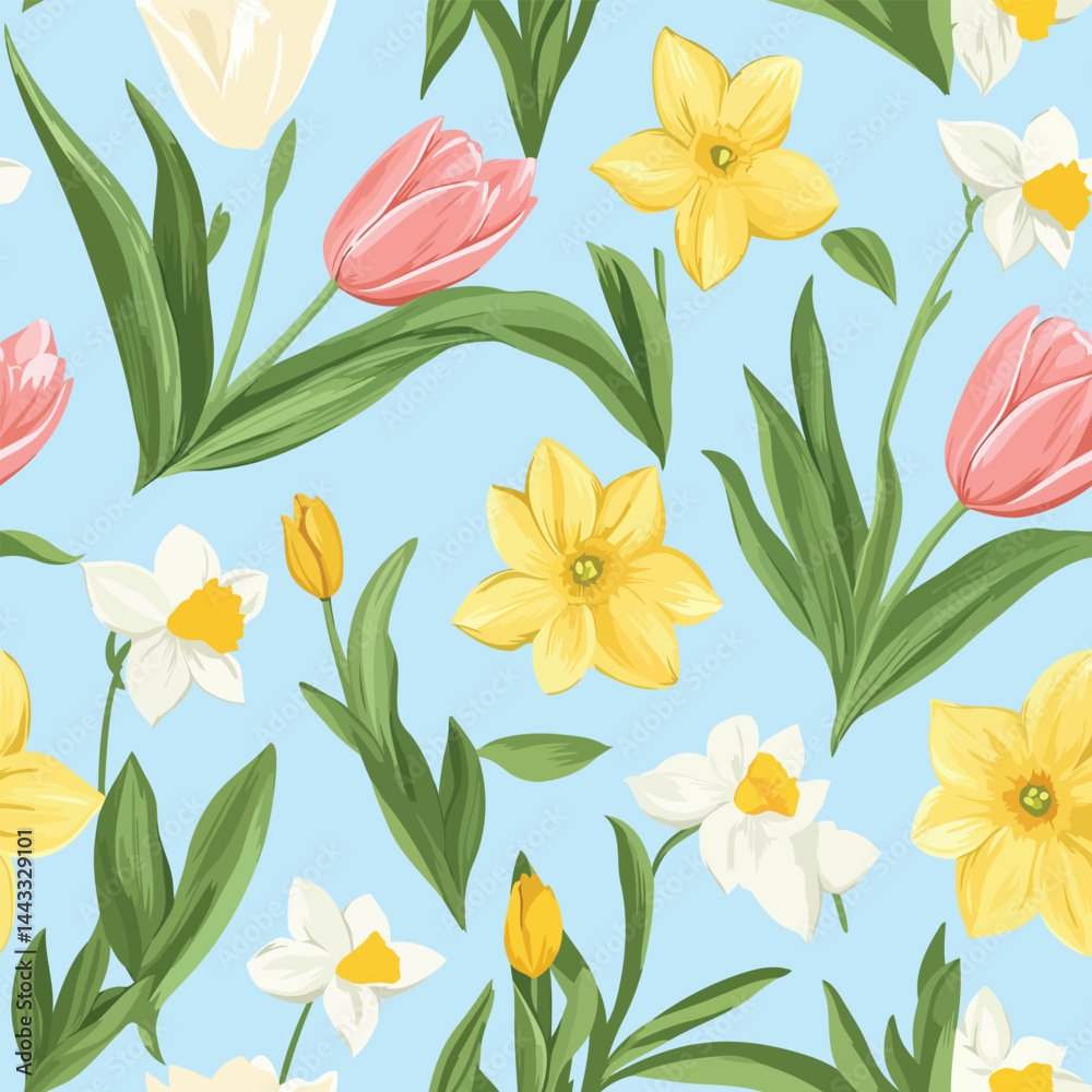 Seamless spring-themed pattern with vibrant flowers, fresh leaves, and soft pastel colors. Ideal for Easter, nature designs, and seasonal branding. Seamless spring-themed pattern with vibrant flowers, fresh leaves, and soft pastel colors. Ideal for Easter, nature designs, and seasonal branding.