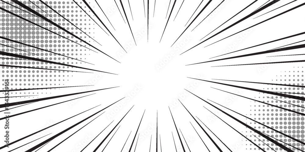 Obraz premium Comic book black and white radial lines background. Manga speed frame. Super hero action. Vector illustration.