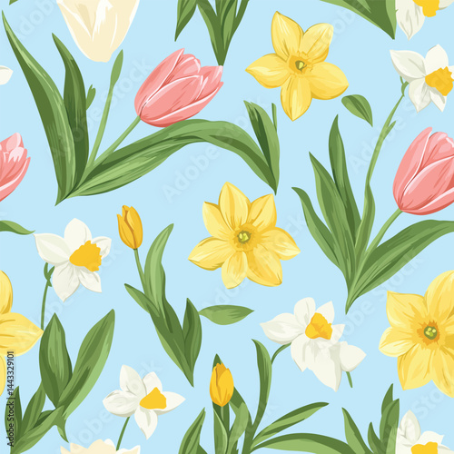 Seamless spring-themed pattern with vibrant flowers, fresh leaves, and soft pastel colors. Ideal for Easter, nature designs, and seasonal branding.