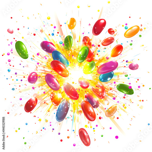 Jelly Bean Explosion with Bright Colors and Light Sparkles on Transparent Background