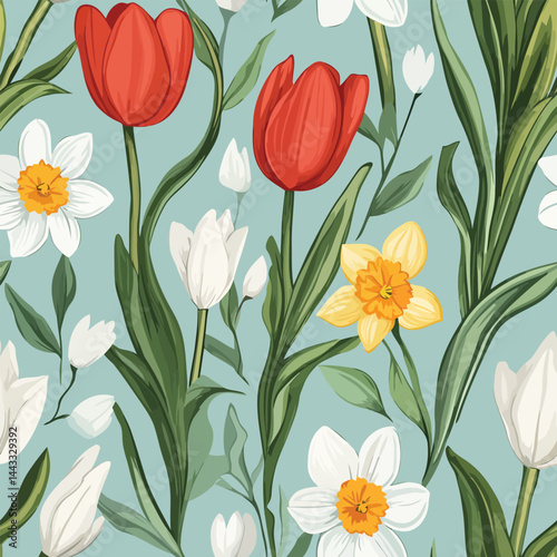 Seamless spring-themed pattern with vibrant flowers, fresh leaves, and soft pastel colors. Ideal for Easter, nature designs, and seasonal branding.