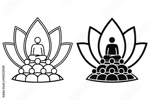 A figure is meditating above a group within a lotus, showcased in black and white