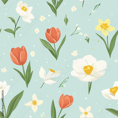 Seamless spring-themed pattern with vibrant flowers, fresh leaves, and soft pastel colors. Ideal for Easter, nature designs, and seasonal branding.