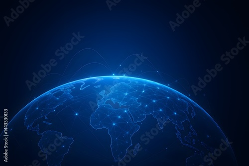 Global Connection: An ethereal digital representation of Earth with glowing constellations of dots illuminating continents, representing a interconnected and technologically driven world.  