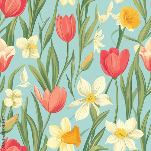 Seamless spring-themed pattern with vibrant flowers, fresh leaves, and soft pastel colors. Ideal for Easter, nature designs, and seasonal branding.