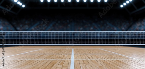 Indoor volleyball court with net and stadium lights overhead