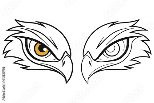 Bold stylized monochrome eyes of an owl stare intensely, one with a striking golden iris