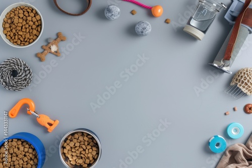 Obraz na płótnie Top View of Pet Supplies and Dry Dog Food on Grey Surface for Flat Lay Photography w salonie