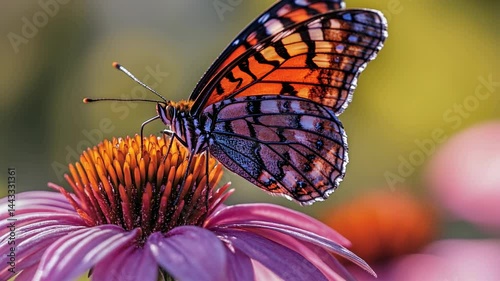 Vibrant butterfly feeding on a bright pink flower in warm sunlight.