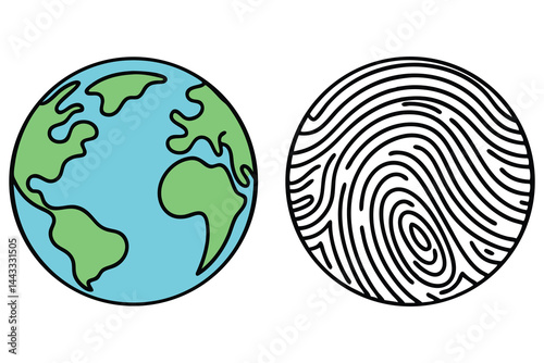 Earth and fingerprint appear as stylized circles, offering concepts of identity globally against white
