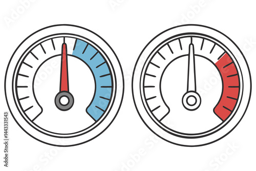 Two gauge indicators with blue showing low and red indicating high values on white