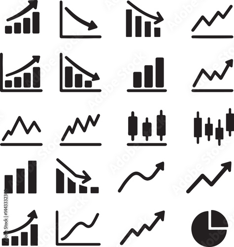 Flat black vector chart icons set with bar graphs candlesticks arrows and growth trends for finance and stock analysis UI