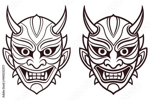 Two contoured Oni mask vectors are displayed on a stark white background