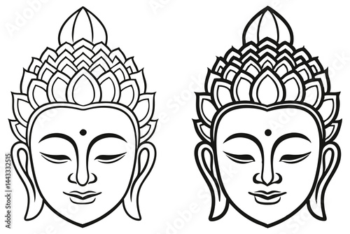 Black outlined, calm Asian Buddha face adorned with intricate lotus flowers shown on transparent background