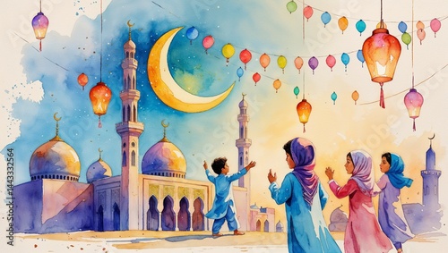 Eid al-Adha celebration in watercolor style, crescent moon above a peaceful mosque, children playing with balloons, colorful lanterns hanging in sky, soft brush strokes, warm pastel tones, textured pa