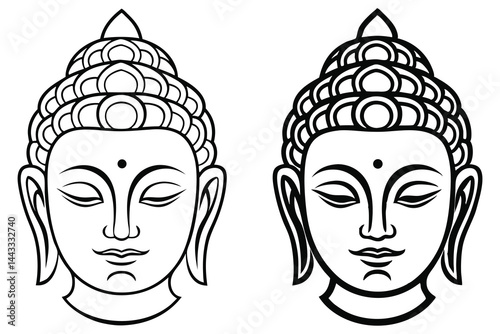 Two contoured Buddha heads are portrayed with intricate hair detailing and serene expression on white