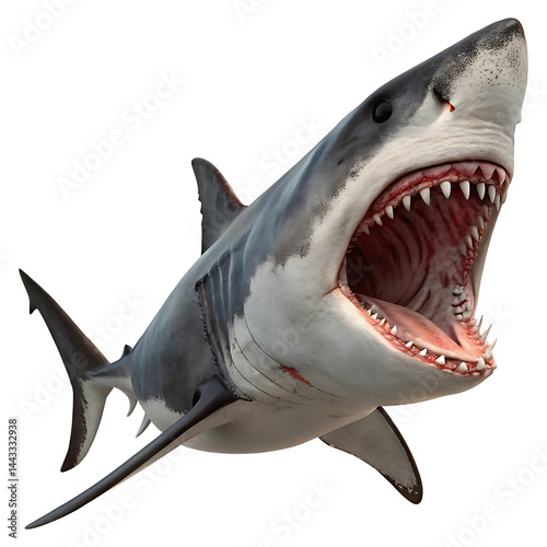 Great White Shark Jaws Open 3D Render Ocean Predator isolated on transparent background