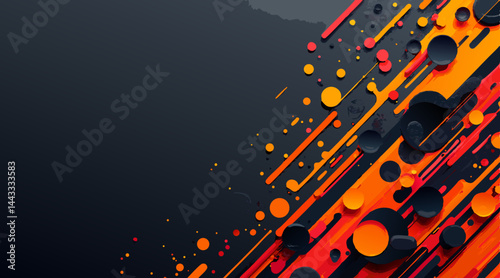 Abstract blobs background in rich black/grey with bright orange-red stripes, chaotic vibrant design with left-side copy space"