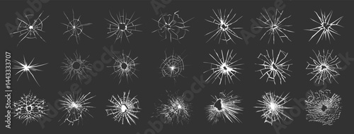 Cracked and Broken Glass Vector Bundle. Realistic Shattered Circles, Bullet Holes, Fractured Screen and Window Textures on Black Background