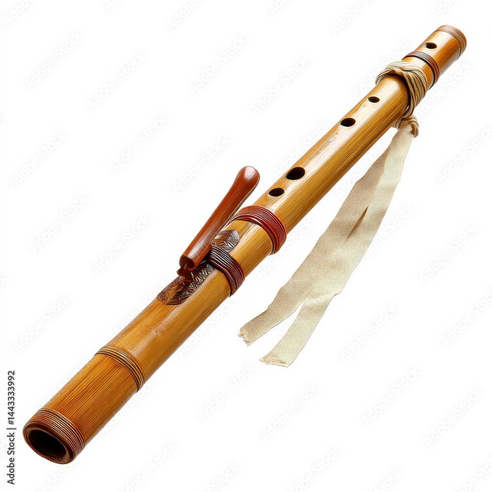 Naklejka premium Traditional bamboo flute with decorative bindings and tassel, commonly used in Asian music.