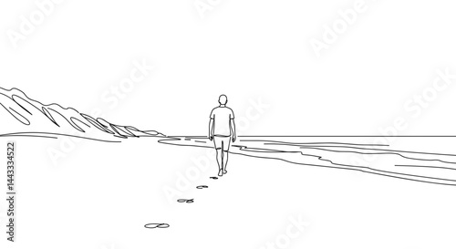 Person walking on beach in minimalist line art style  