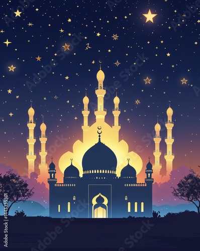 Eid Mubarak wallpaper with glowing mosque silhouette, stars in night sky, calming palette, horizontal layout,