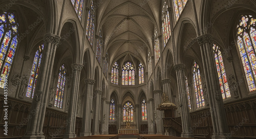 Fototapeta premium Cathedral interior with stained glass windows