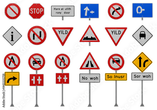 Collection of Road Traffic Signs: Stop, No Entry, Warning, Regulatory Symbols, Highway, Street, Transportation Icons